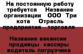 На постоянную работу требуется: › Название организации ­ ООО “Три кота“ › Отрасль предприятия ­ торговля › Название вакансии ­ продавцы, кассиры, водитель погрузчика, грузчики - Приморский край, Артем г. Работа » Вакансии   